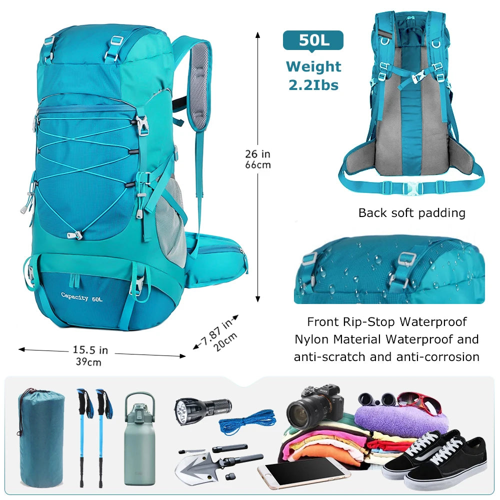 WESTTUNE 50L Hiking Backpack with Rain Cover, Outdoor Travel Trekking Rucksack