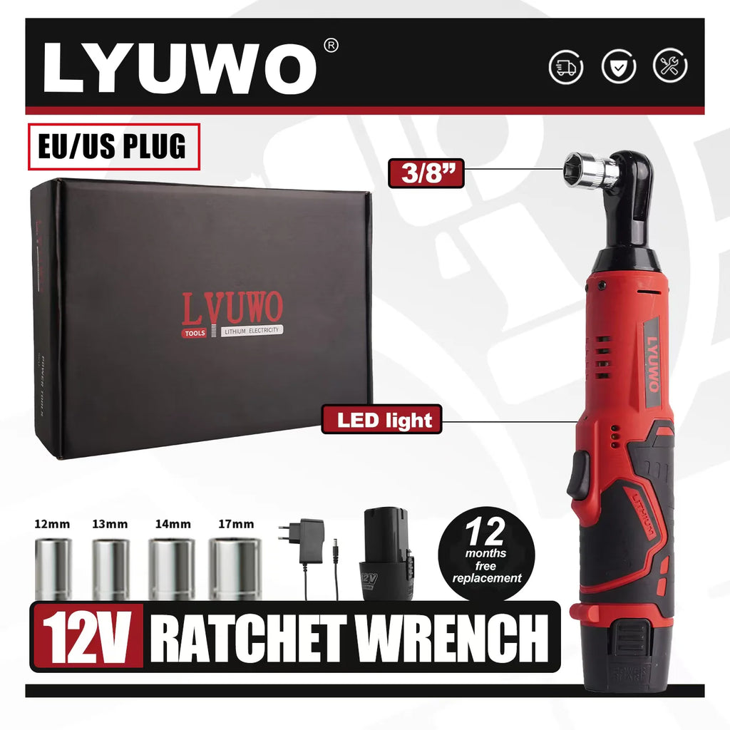 LYUWO 12V Cordless Right Angle Electric Wrench 45NM 3/8 Inch Ratchet Wrench Disassembly Nut Car Maintenance Tool With 4 Sockets