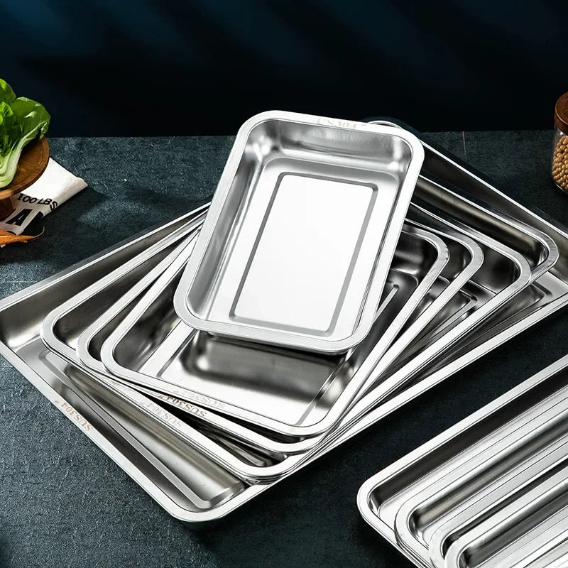Stainless Steel Barbecue Tea Storage Serving Trays Rectangle Steamed Rice Sausage Plate Grill Meat Restaurant Metal Utensils