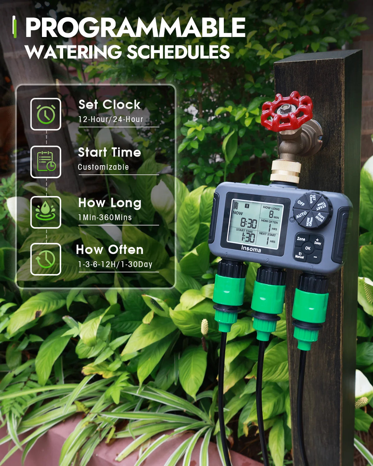 Insome Automatic Water Timer 3 Outlets Dip Watering Hose Faucet Sprinkler Timer Independent Control Programmer for Garden Yard