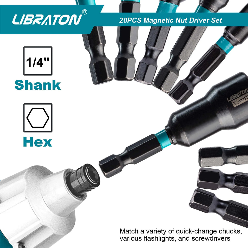 LIBRATON Magnetic Nut Driver Bit Set 20pcs 1/4" Impact Drill Metric 5-13mm SAE 3/16-1/2"
