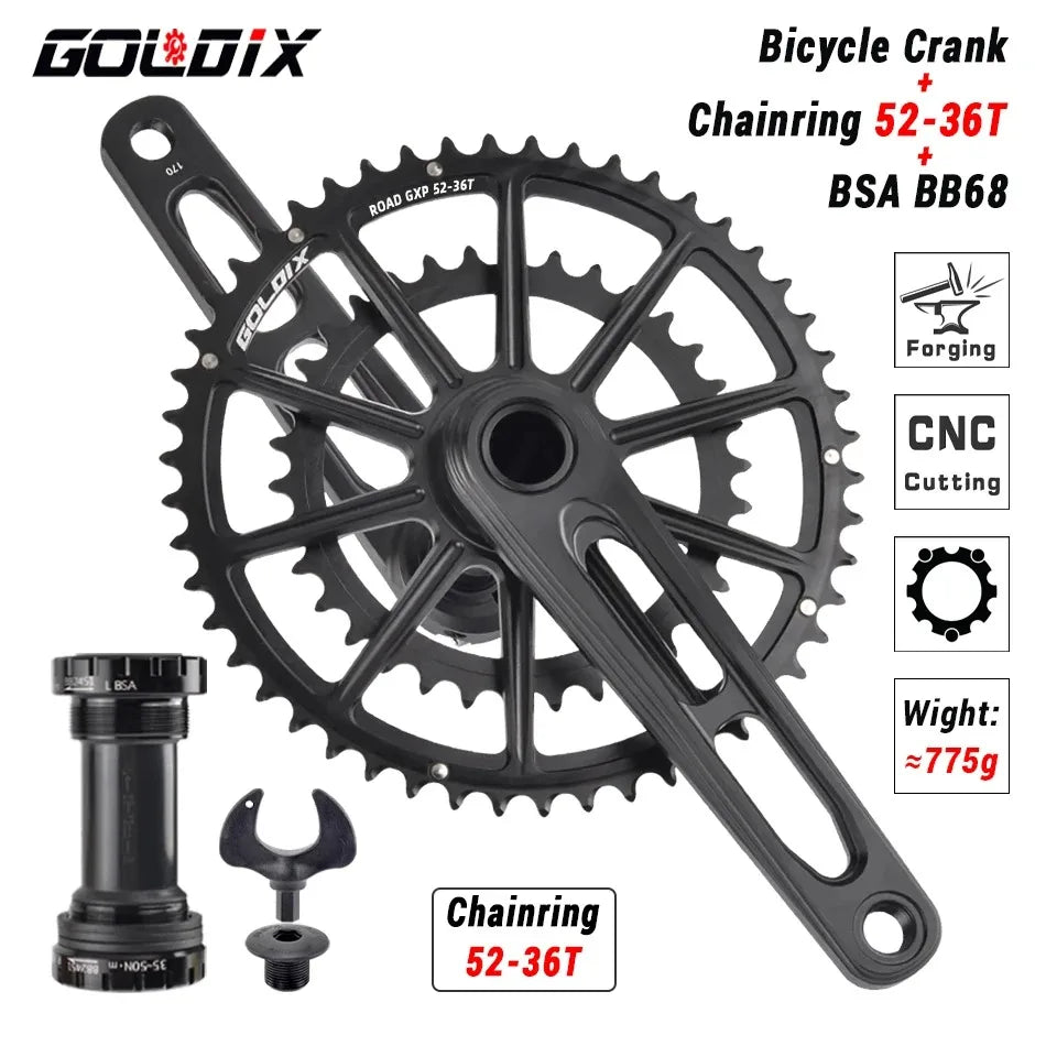 GOLDIX Ultralight Road Bike Crankset 50-34T/52-36T/53-39T for 3 Bolt Double Chainring 165/170/175mm Length Hollow Bicycle Crank