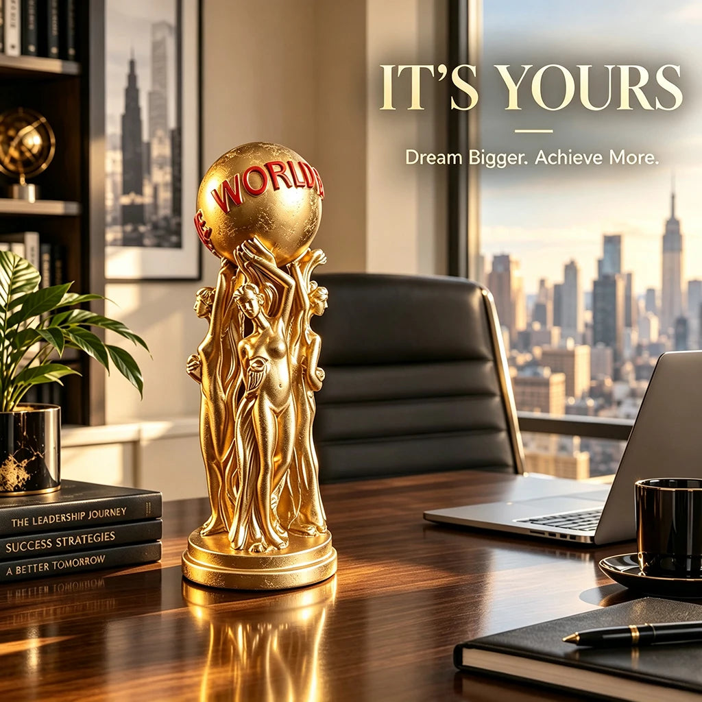 1 Piece of Light Luxury Art Ornament Featuring Three People Holding a Ball, with a Golden Texture and Engraved Text: the World Is Yours, a Great Item for Creating an Inspirational Atmosphere on the Living Room Table