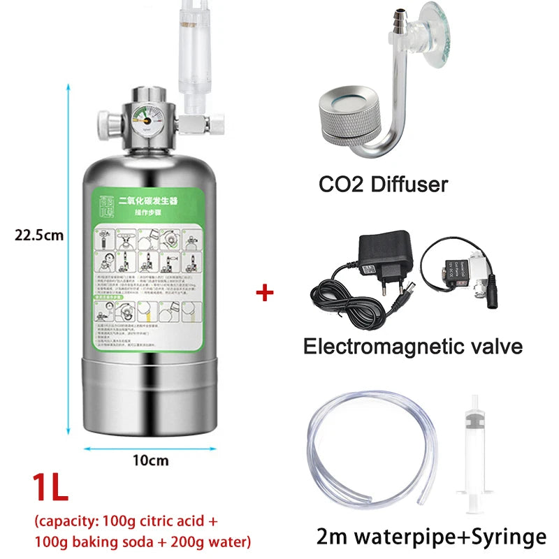Aquarium CO2 Generator System Stainless Steel Water Injection w/ Bubble Meter 1L/2L