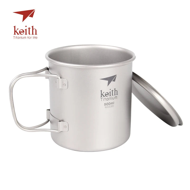 Keith Titanium Cup Titanium Water Mugs Folding Handle Single Wall Cup Outdoor Camping Travel Hiking Cups With Lid 220ml-900ml
