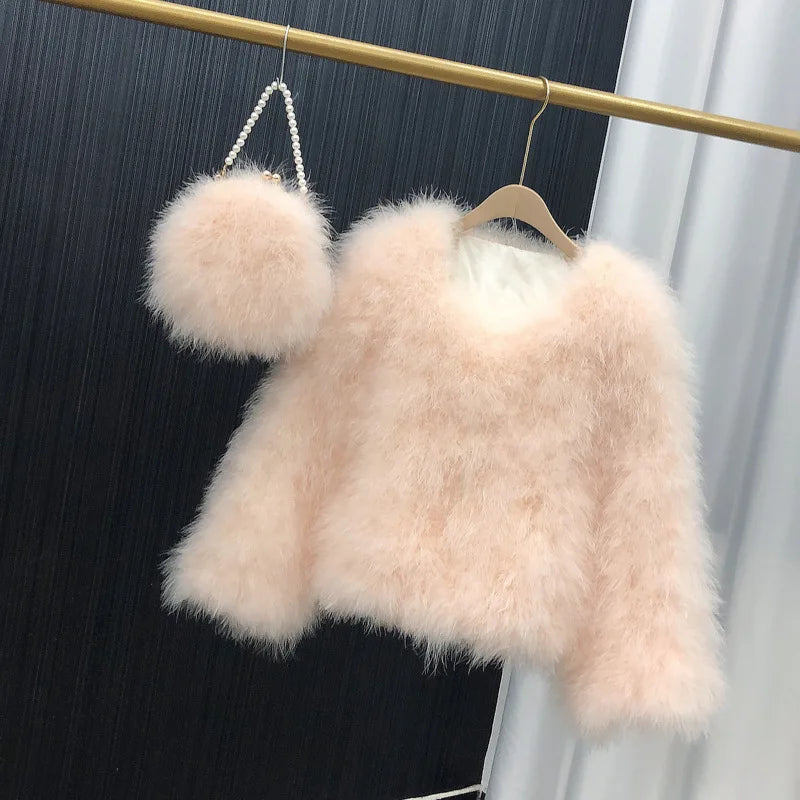 Ostrich Feather Coat for Women 100% Natural Fur Coats O Neck Long Sleeve Ladies Nightclub Turkey Jackets Winter Fashion