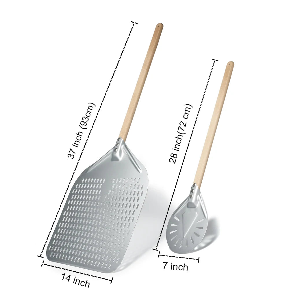 SHANGPEIXUAN Perforated Pizza Peel with Turning Pizza Peel Wood Handle Pizza Shovel Anodized Short Spatulas Baking Tools