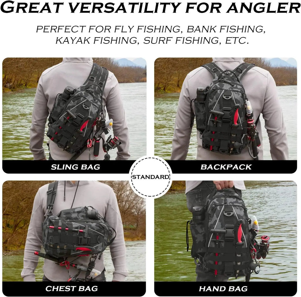 Fishing Backpack Tackle Sling Bag - Fishing Backpack with Rod Holder - Tackle Box Fly Fishing Gifts for Men Women