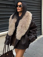 TFMLN 2025 Winter Women Loose Faux Leather Jacket Fashion Removed Big Fur Collar Causal Coat High Street Double Breasted Outwear