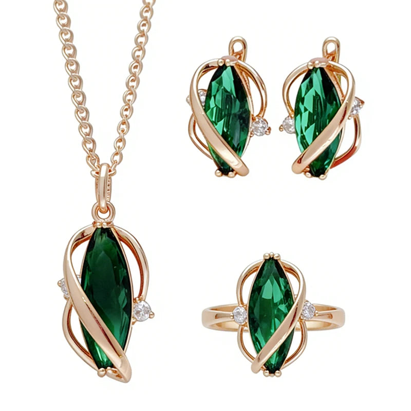 Kinel Green Zircon Jewelry Set 3pc Rose Gold Color Necklace Earrings Ring, Sizes 7-10