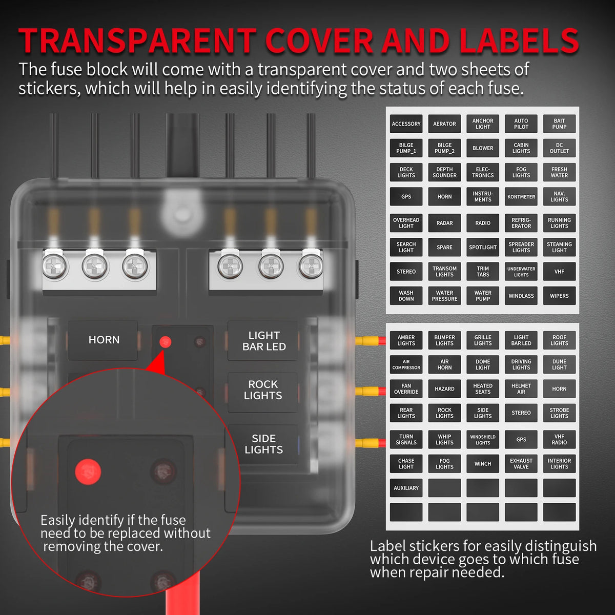 12V 6-Way Blade Fuse Block with  LED Indicator Waterproof Protection Cover and Label Sticker for Automotive Car Truck Trailer