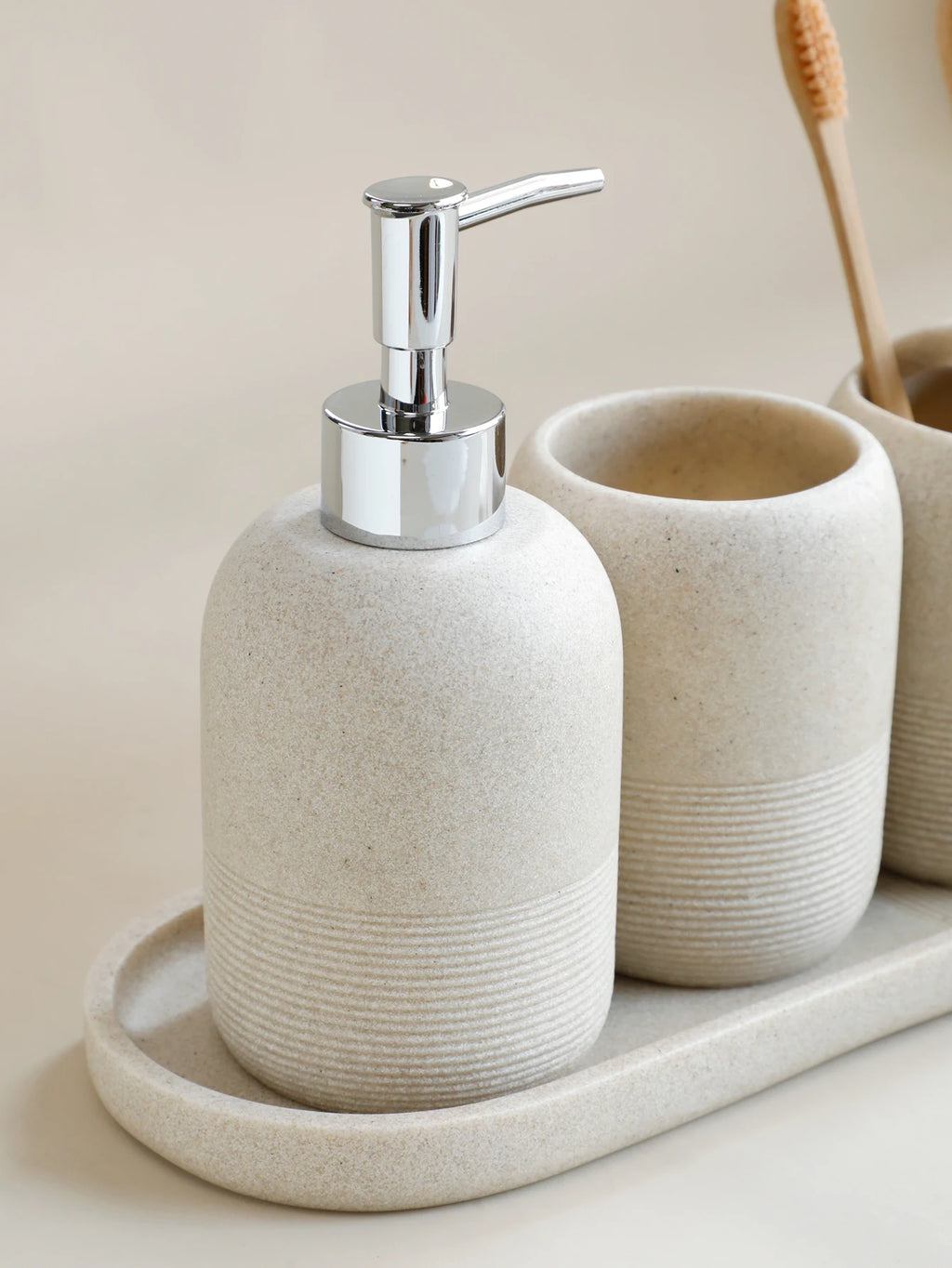 5Pcs athroom Accessories set  Lotion Dispenser Toothbrush Holder Tray Tumbler Cup Soap Dish Beige and Grey