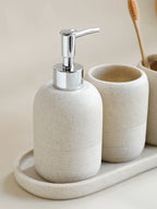 5Pcs athroom Accessories set  Lotion Dispenser Toothbrush Holder Tray Tumbler Cup Soap Dish Beige and Grey