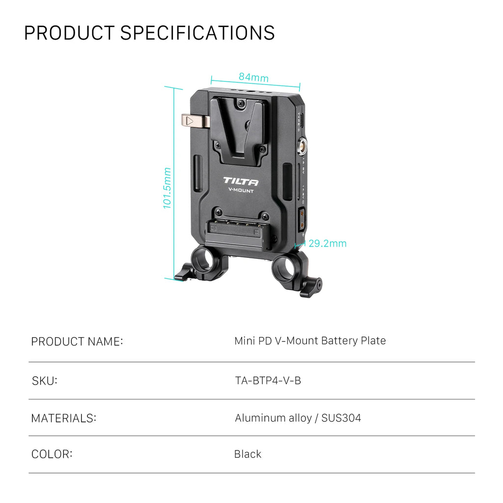 TILTA Mini PD V Mount Battery Plate Black TA-BTP4-V-B with USB-C P-Tap and 2-Pin Lemo