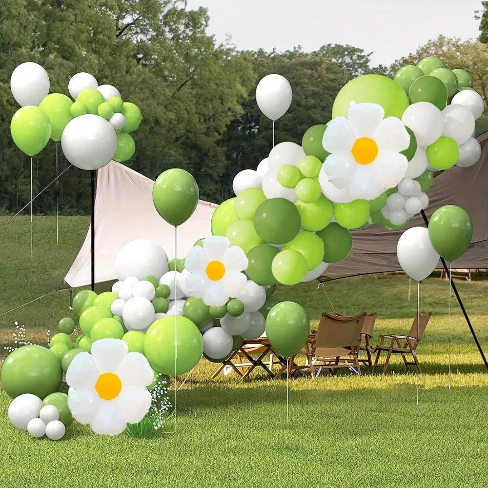 139pcs Green and White Daisy Balloon Set Suitable for Themed Birthday, Wedding, Engagement, Party, and Anniversary Decorations
