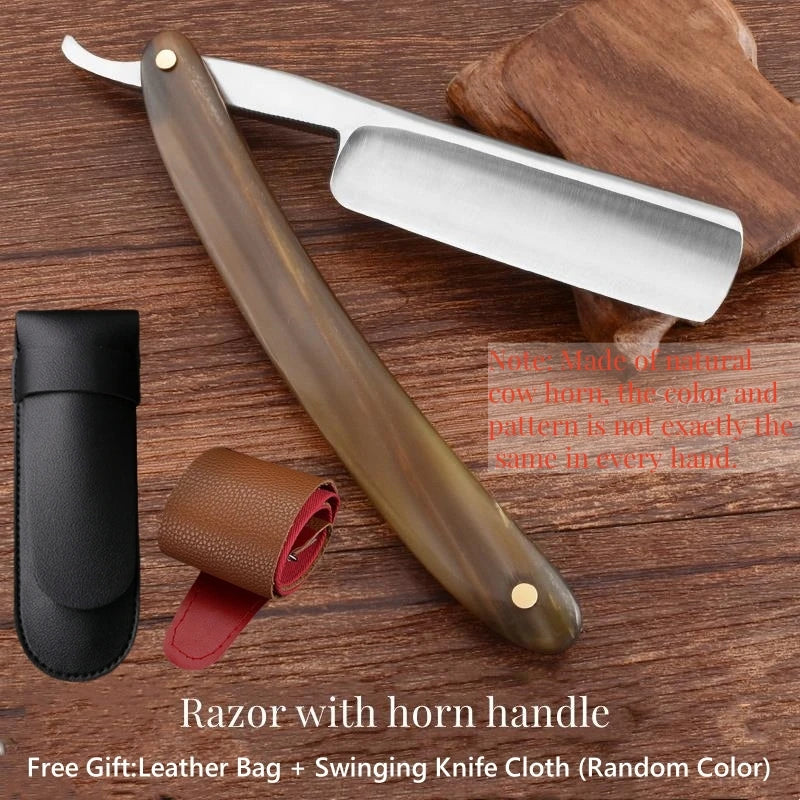 Japan S45C Carbon Steel Razor Straight Edge Stainless Steel Sharp Barber Folding Razor Natural Sandalwood Handle Horn Handle