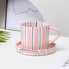 Minimalist striped hand drawn cup and plate set, ceramic milk coffee cup, 280ml/9.5oz afternoon tea coffee cup, household drinki