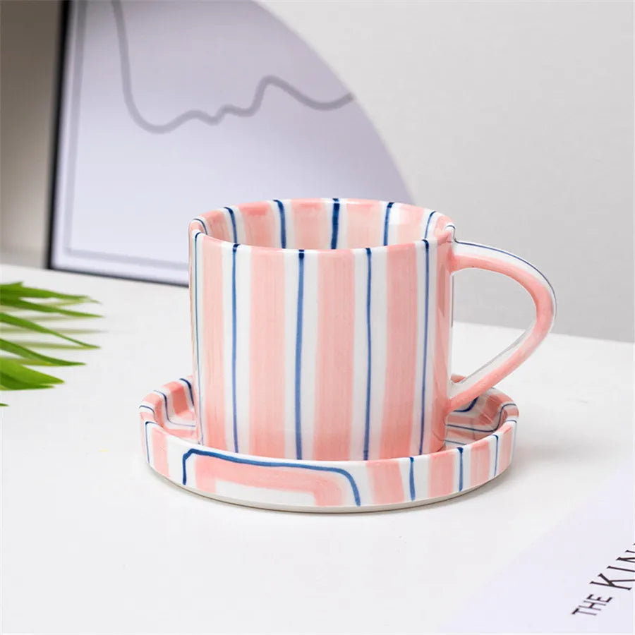 Minimalist striped hand drawn cup and plate set, ceramic milk coffee cup, 280ml/9.5oz afternoon tea coffee cup, household drinki