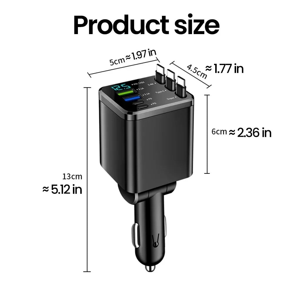 7 in 1 Retractable USB Car Charger Fast Charging Car Phone Charger For iPhone Samsung Xiaomi Type C Digital Display Car Charger