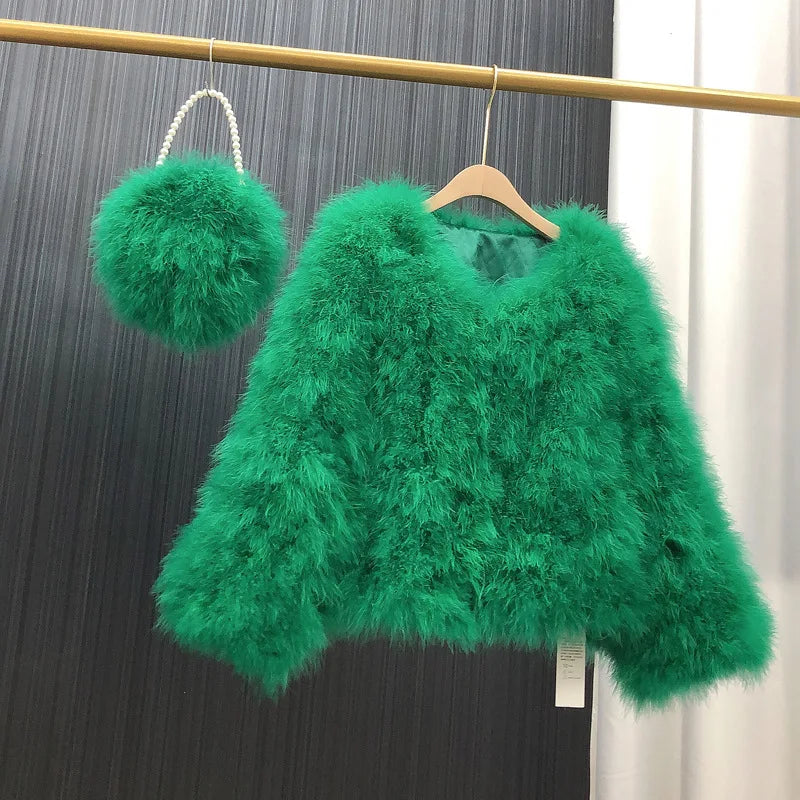 Ostrich Feather Coat for Women 100% Natural Fur Coats O Neck Long Sleeve Ladies Nightclub Turkey Jackets Winter Fashion