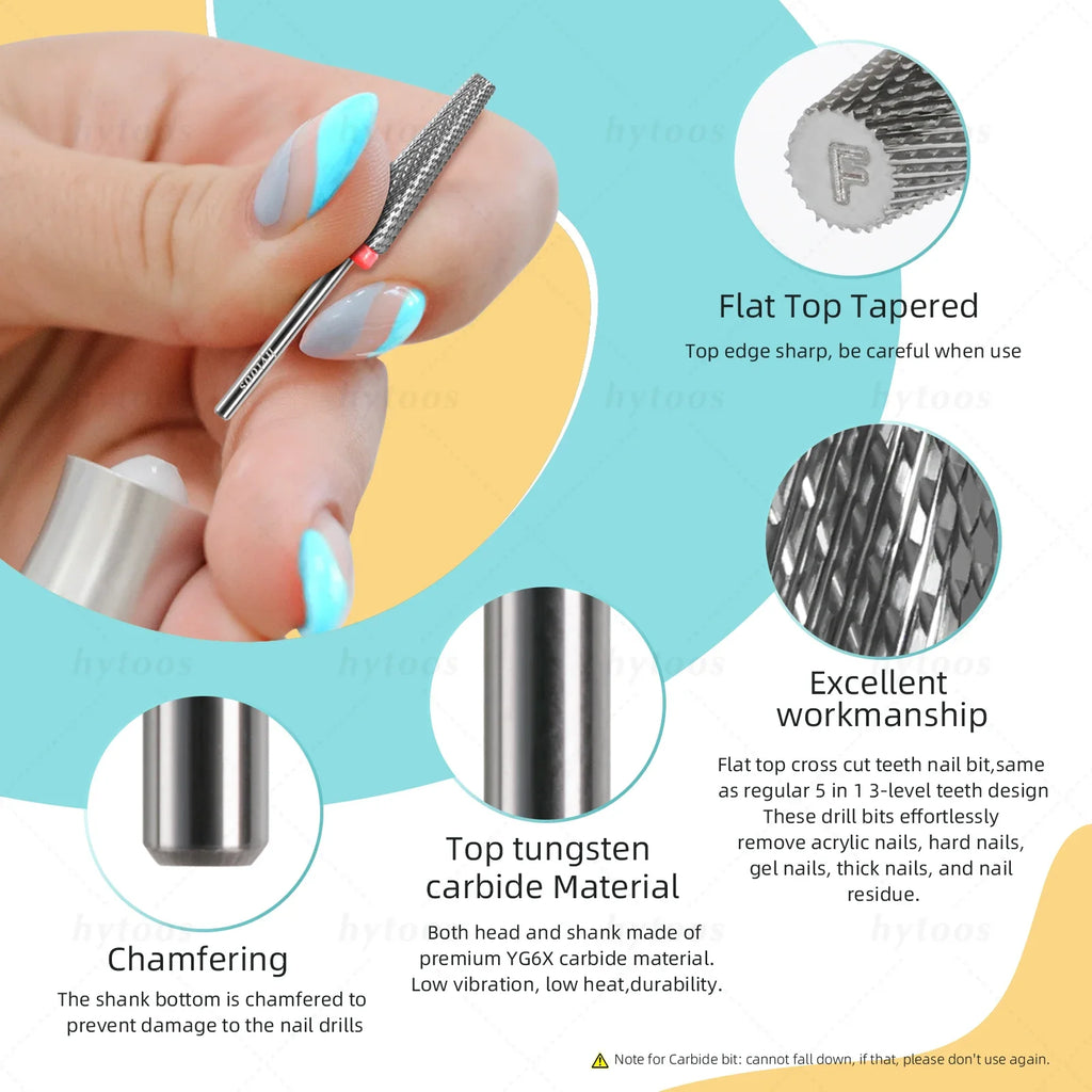HYTOOS Flat Top 5 in 1 Nail Drill Bit 24mm Long Carbide Tapered Nail Bits Electric Drill Accessories Gel Polish Removal Tool