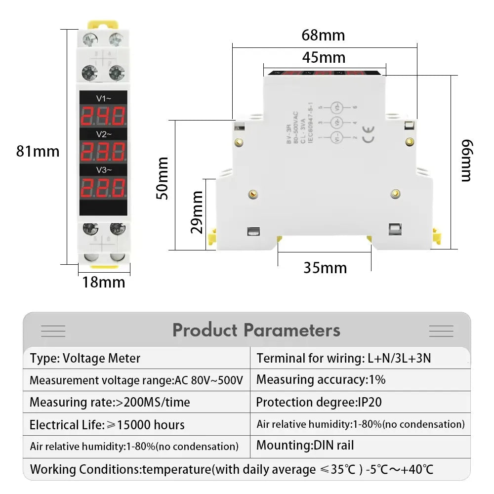 18MM Din Rail Mount Single Three Phase Voltage Meter AC 80-500V Modular Voltmeter Gauge Indicator LED Digital Display Detector