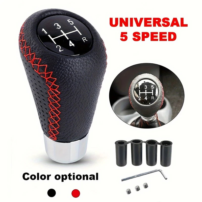 Universal 5-Speed Manual Leather Gear Shift Knob Red Stitch, M8 M10 M12 Adapters