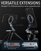 Foldable Magnetic Phone Tripod Stand with Hook, Arca Mount + Cold Shoe, Aluminum, iPhone/Android