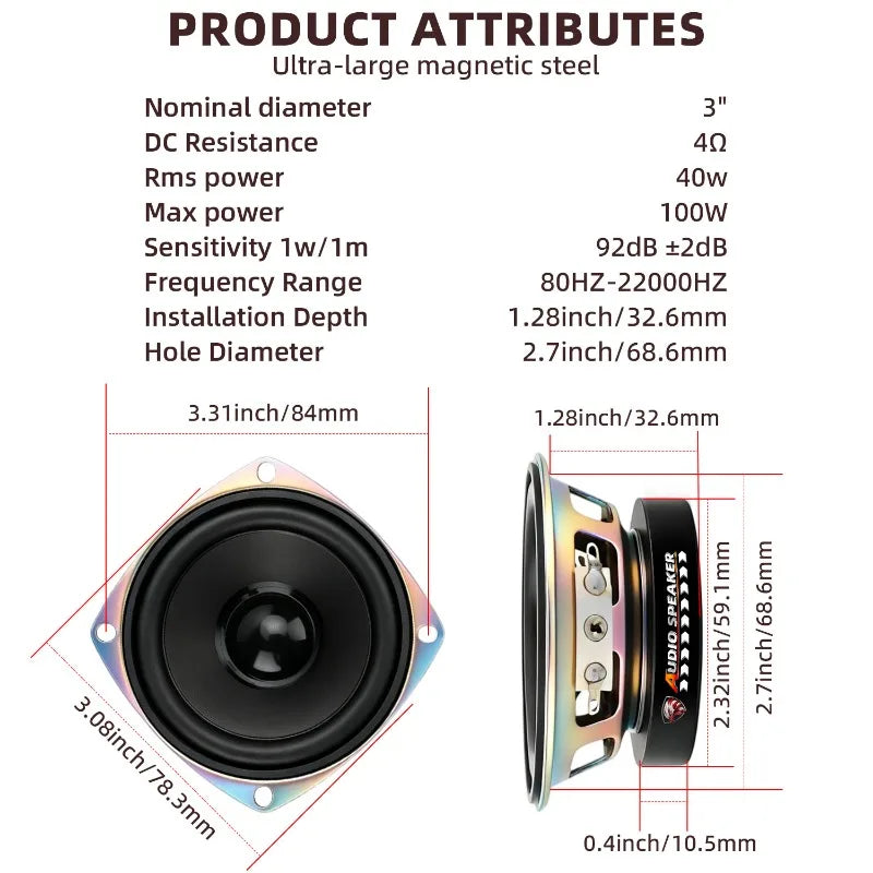 2 pcs 3.5 Inch Mid-Bass Range Speakers 100W Subwoofer For Car Magnesium Aluminum Basin Huge Magnet Woofer Can Be Under The Seat