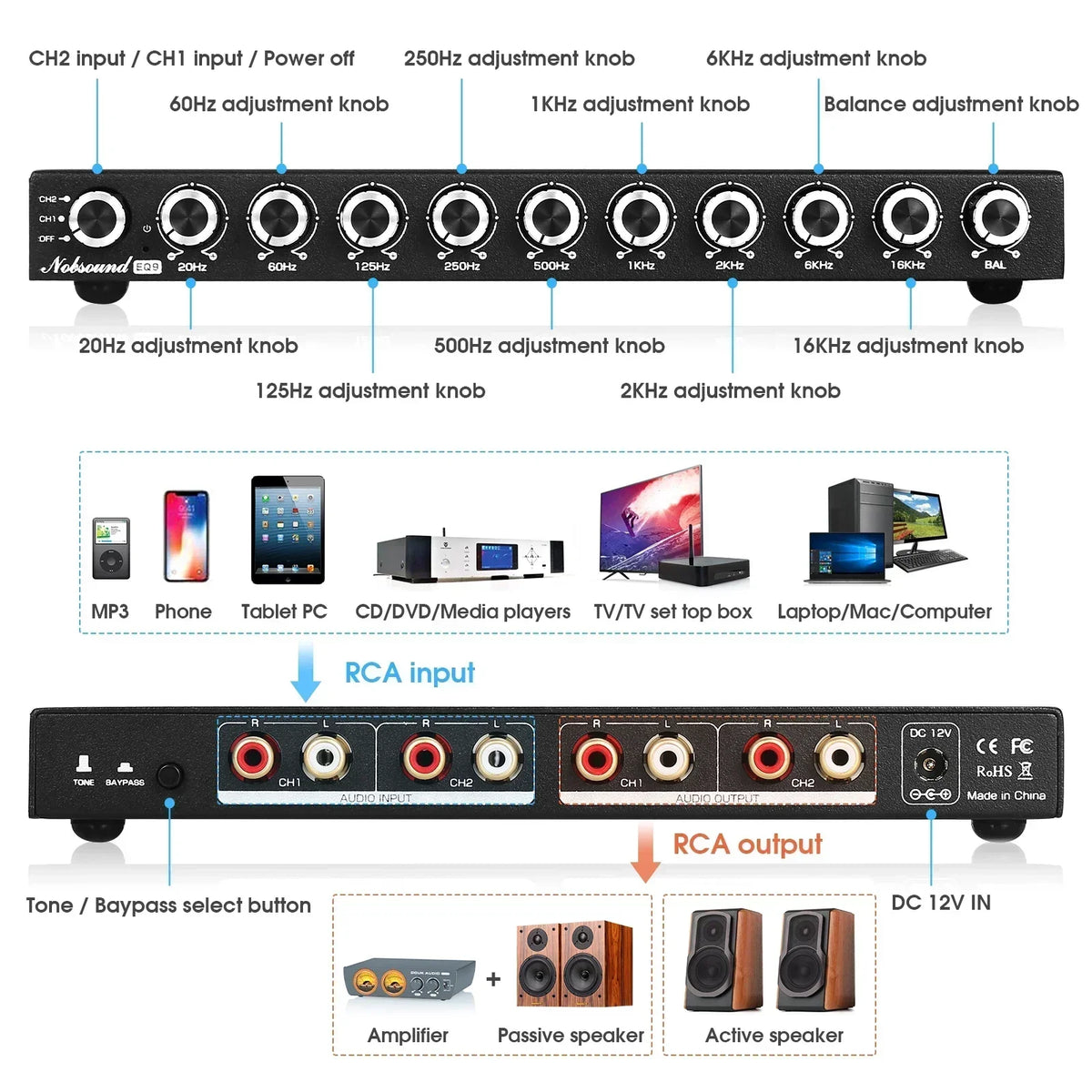 HiFi EQ9 9-Band Stereo EQ Preamp Analog Pre-Amplifier Equalizer Audio Processor for Home/Car