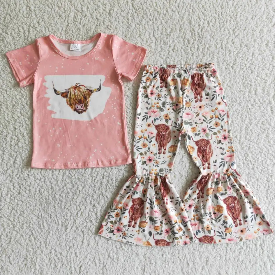 Wholesale No Moq Mama Baby Girl Clothes Short Sleeve Shirt Leopard Bell Bottom Pants Outfits Toddler Children Mother's Day Set