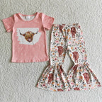 Wholesale No Moq Mama Baby Girl Clothes Short Sleeve Shirt Leopard Bell Bottom Pants Outfits Toddler Children Mother's Day Set
