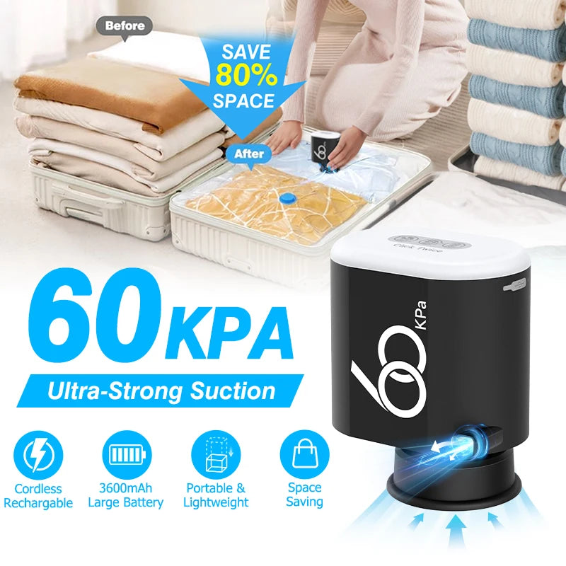 60kPa Cordless Electric Vacuum Pump 3600mAh Rechargeable for Storage Bags, 1pc