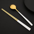 304 Stainless Steel Cutlery Set Sushi Sticks Dinner Spoons Set 10Pcs Dinnerware Korean Chopsticks Dessert Spoon Flatware Set