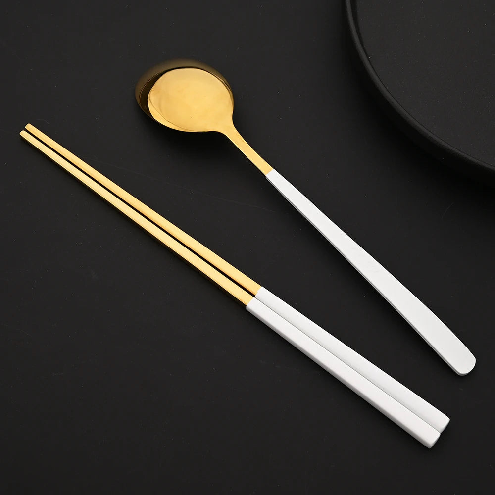 304 Stainless Steel Cutlery Set Sushi Sticks Dinner Spoons Set 10Pcs Dinnerware Korean Chopsticks Dessert Spoon Flatware Set