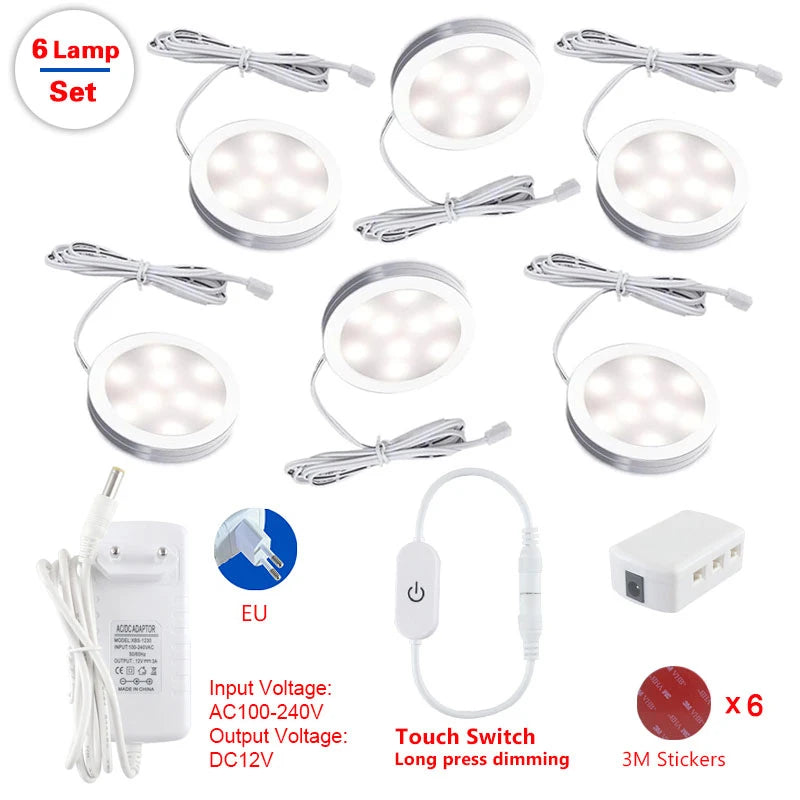 LED Under Cabinet Puck Lights DC12V Touch Dimmable Round 3W/5W Warm/Natural/Cool White Set