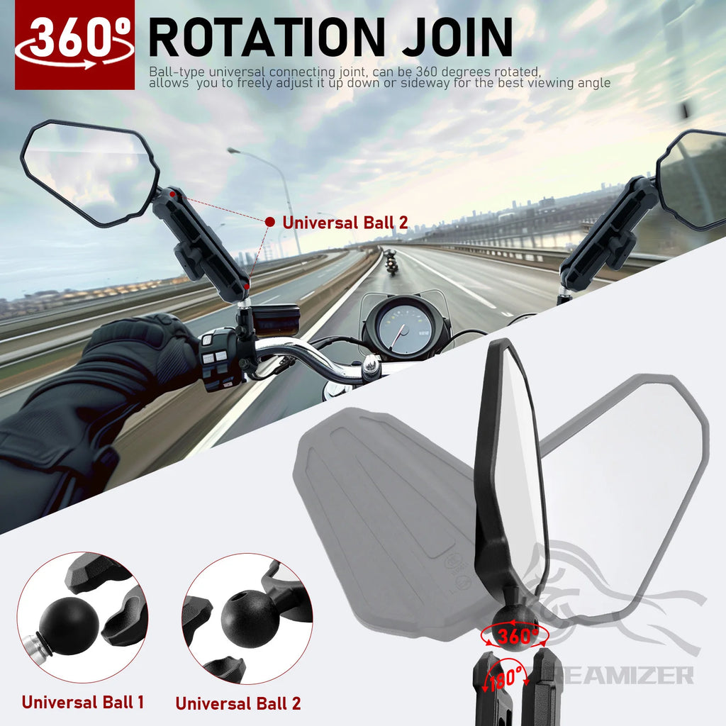 Universal Motorcycle Handlebar Side Mirrors, Adjustable Angle Folding, 1 Pair