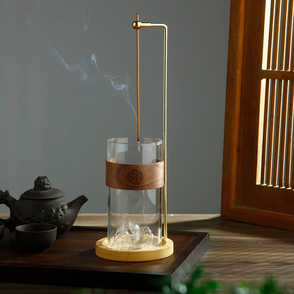 Glass Mountain Incense Holder for Sticks Incense Sticks Holder with Cord Lock Anti-Ash Flying Incense Burner with Ash Catcher