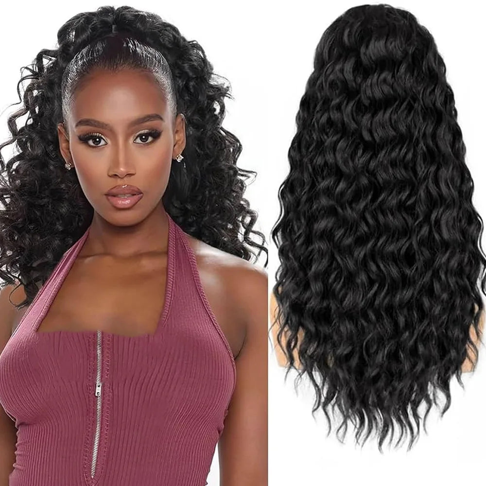 22in Drawstring Curly Ponytail Hair Extension, Synthetic Fluffy Long Curly, 1pc