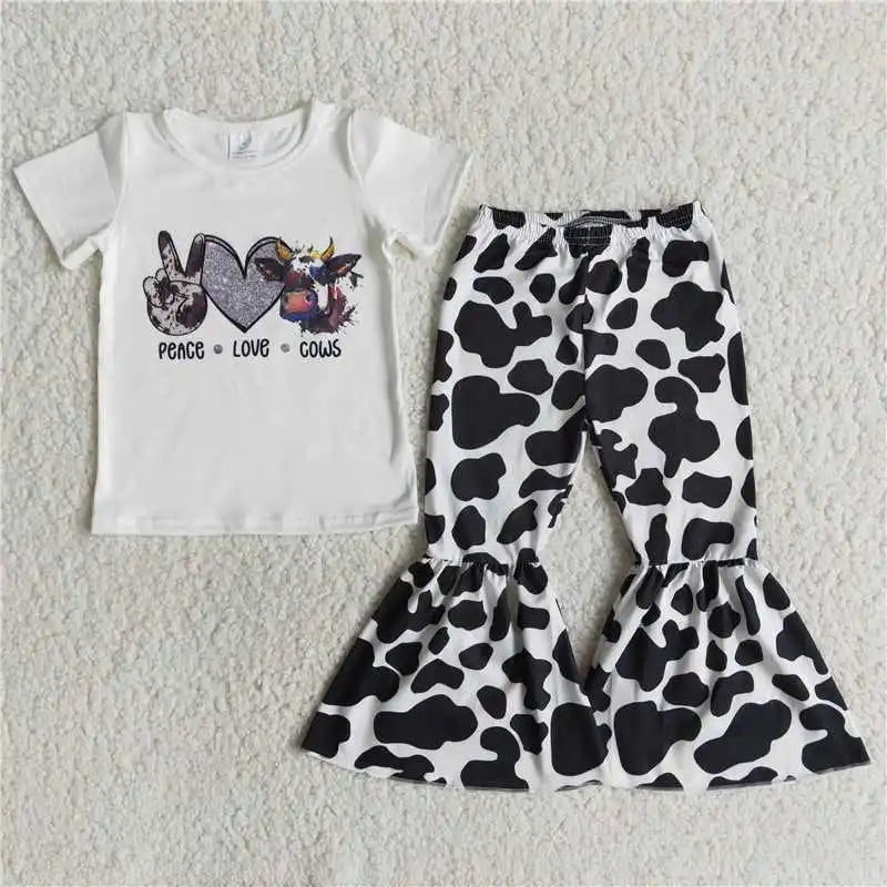 Wholesale No Moq Mama Baby Girl Clothes Short Sleeve Shirt Leopard Bell Bottom Pants Outfits Toddler Children Mother's Day Set
