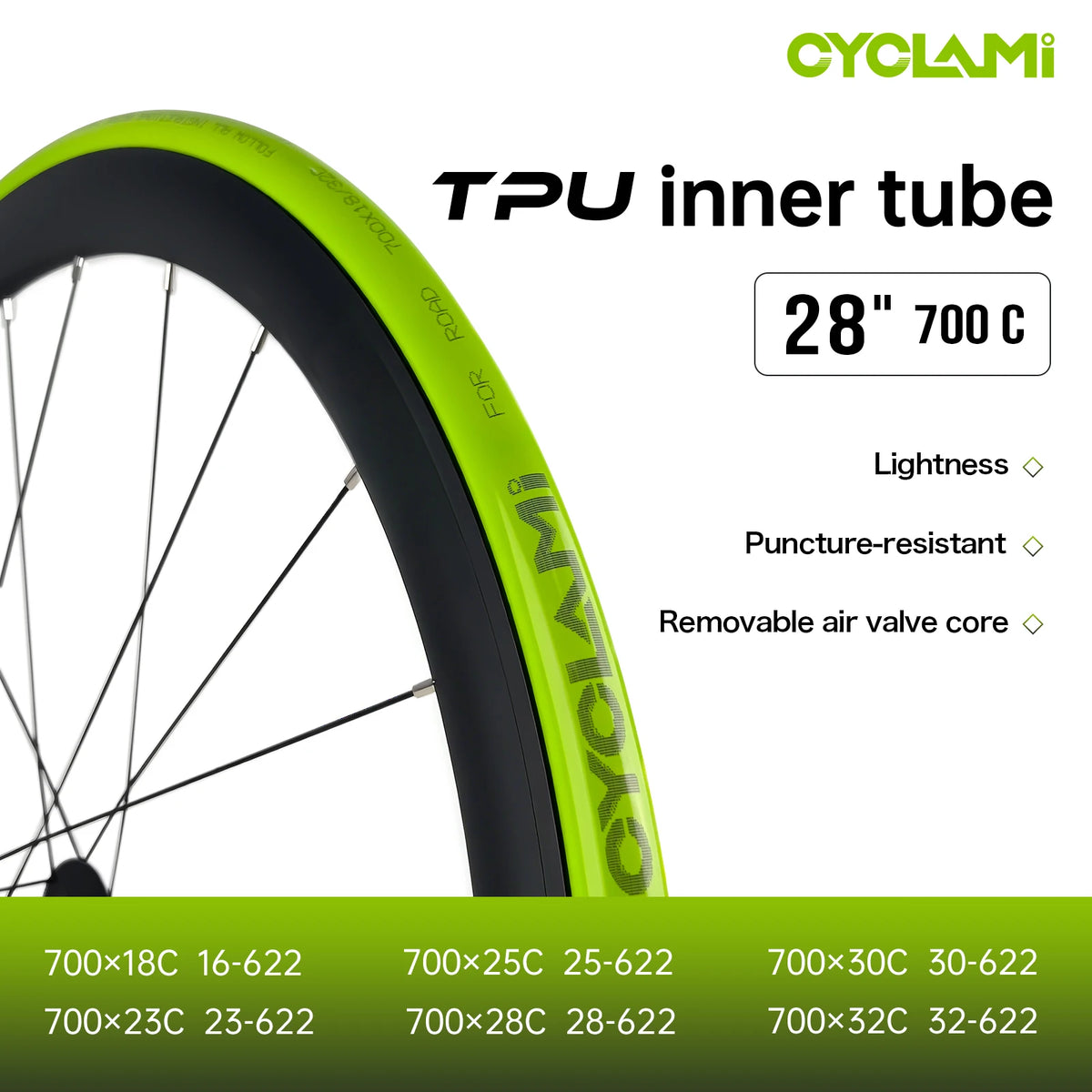 CYCLAMI Ultralight TPU Bike Inner Tube Metal nozzle Bike Inner Tire Removable French Valve For Road 700C 700 18 23 25 28 30 32 C