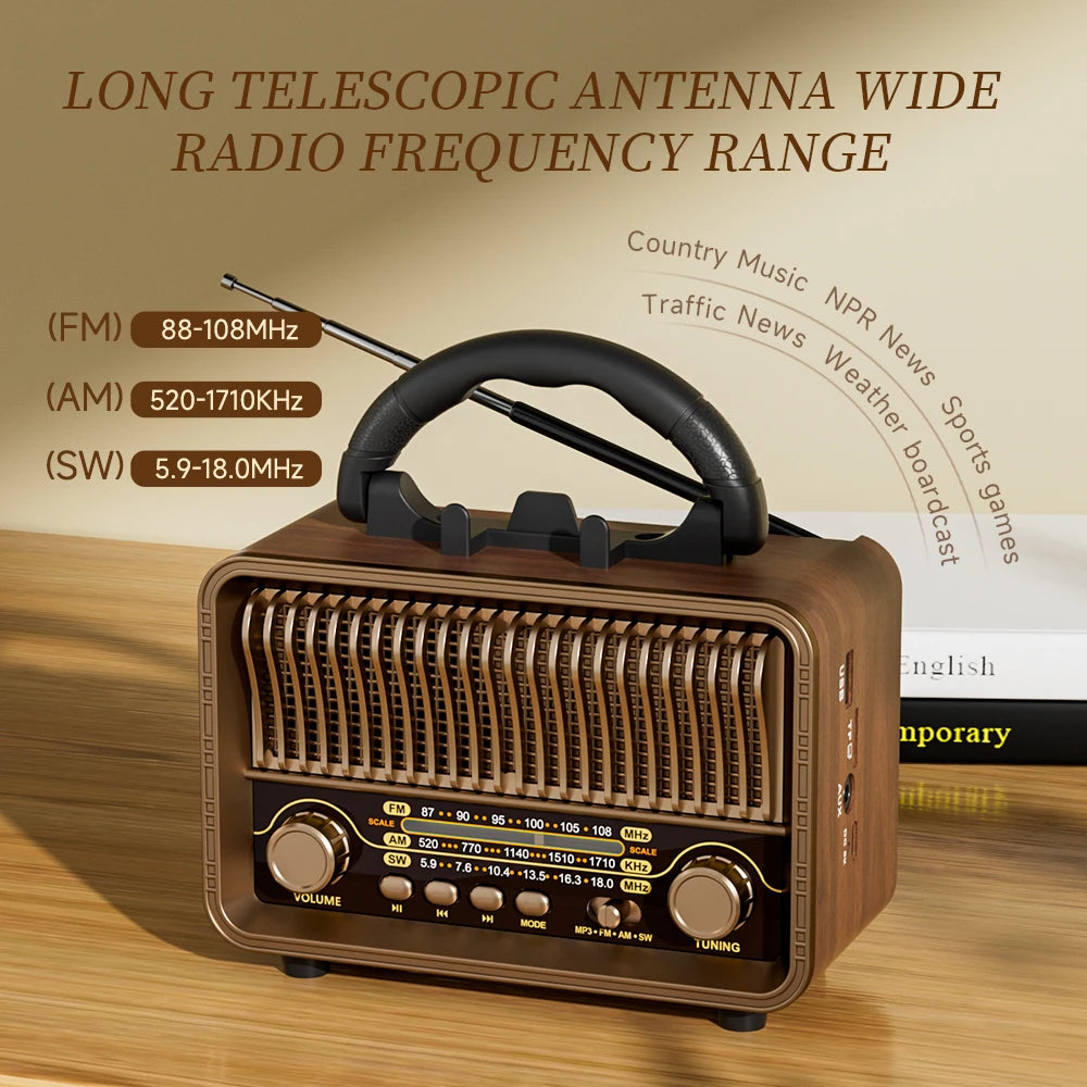 Retro Wireless Radio Portable AM/FM/SW with USB Rechargeable Battery With antenna, AUX and TF card playback, suitable for home
