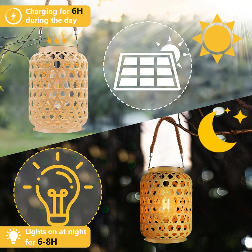 Rattan Solar Lanterns Outdoor Hanging Solar Bulb Lights Waterproof Country Decor Solar Table Light Decoration for Garden Yard