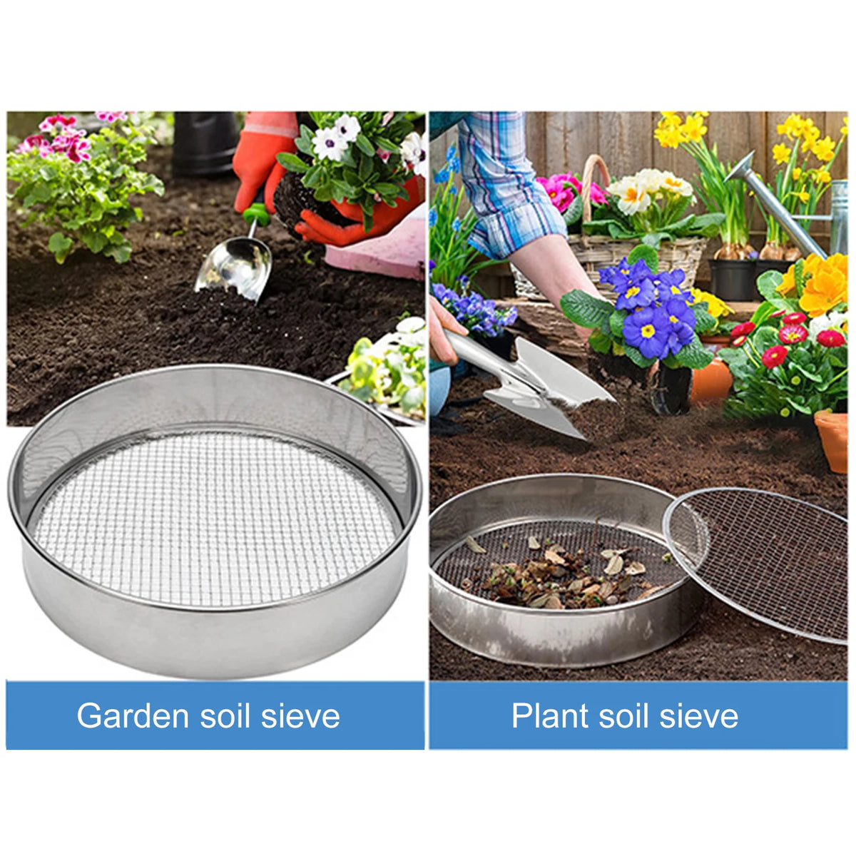 Gardening Soil Sieve 1/3/6/9/12mm Mesh Hole Stainless Steel Screen Sifter for Compost Sand Bonsai Potting Soil Filtering Remove