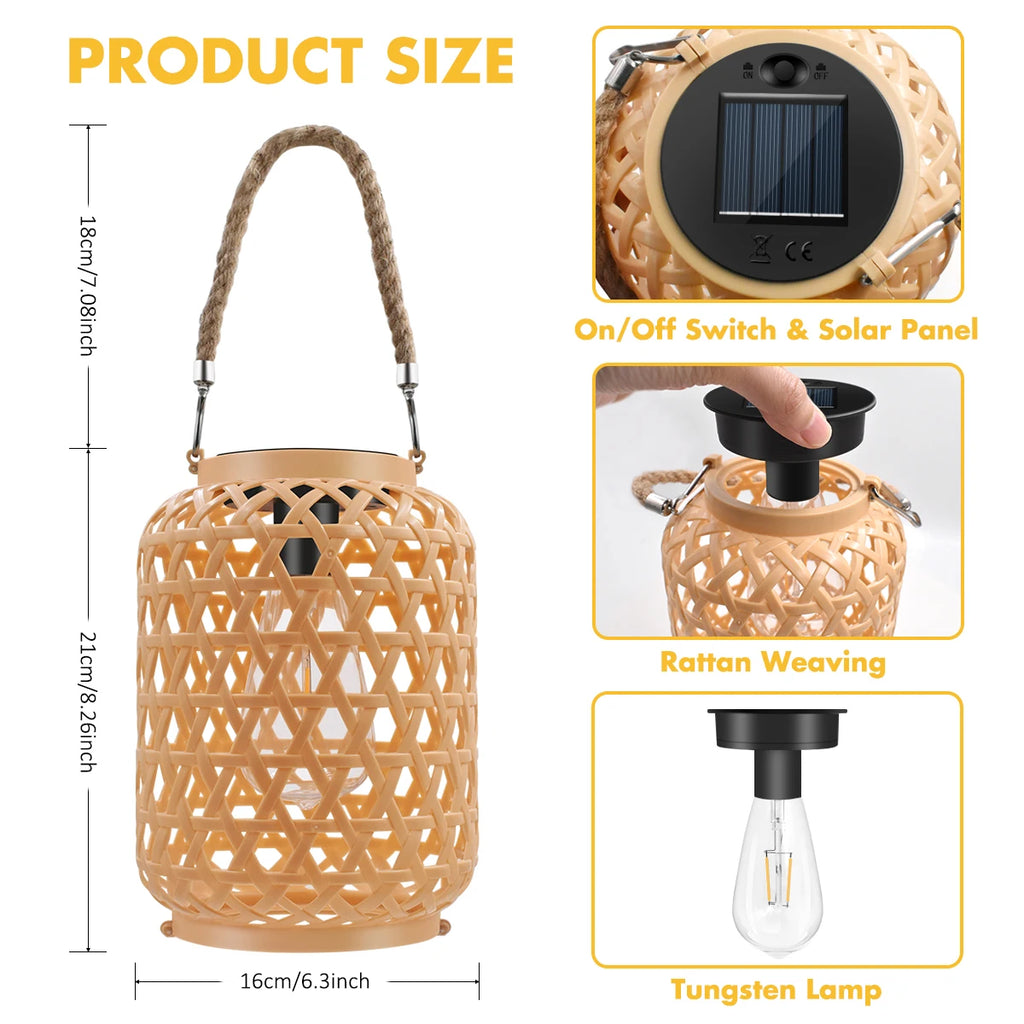 Rattan Solar Lanterns Outdoor Hanging Solar Bulb Lights Waterproof Country Decor Solar Table Light Decoration for Garden Yard