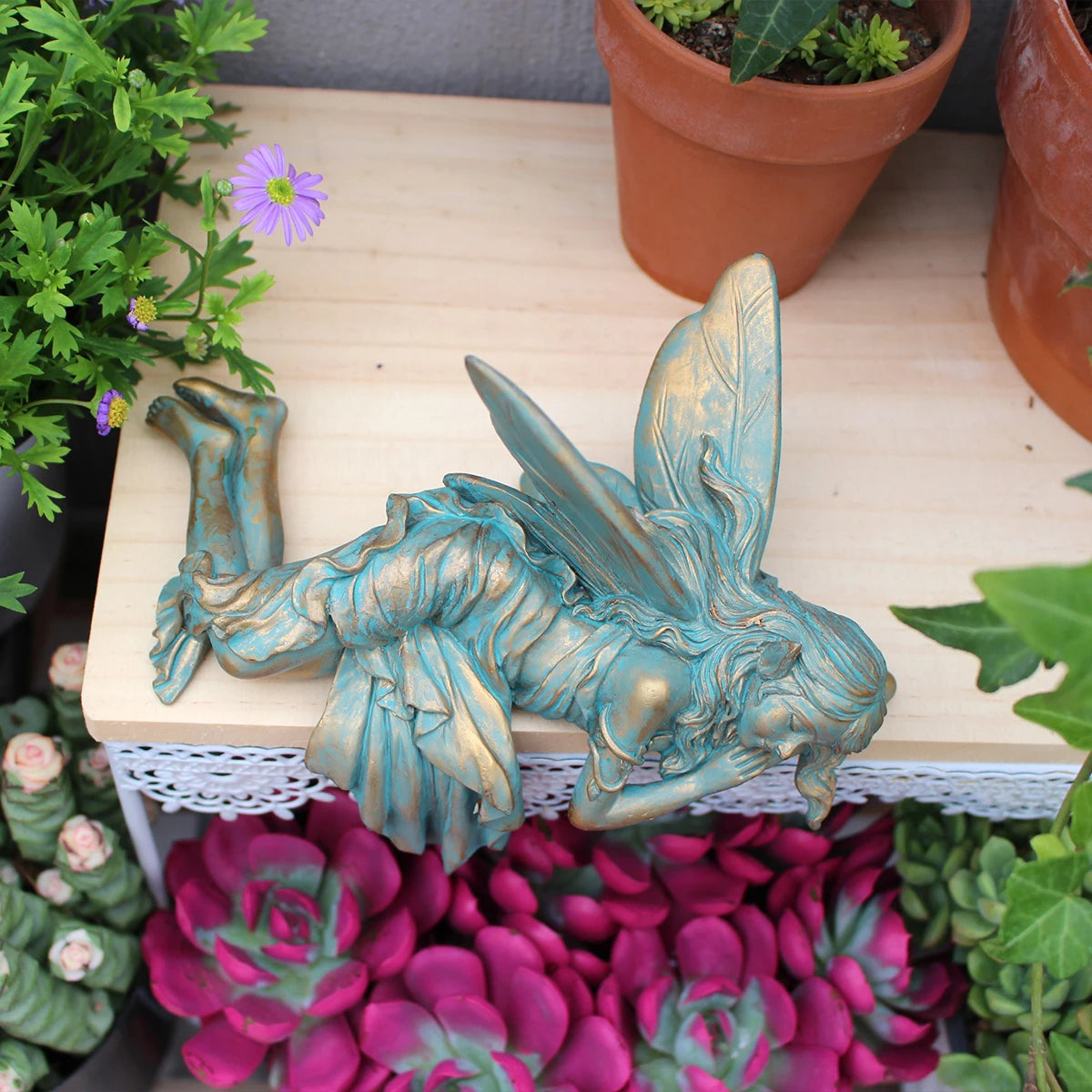 Resin imitation copper sleeping position wings elf suitable for desktop, courtyard, lawn, flower pot, Valentine's Day gift