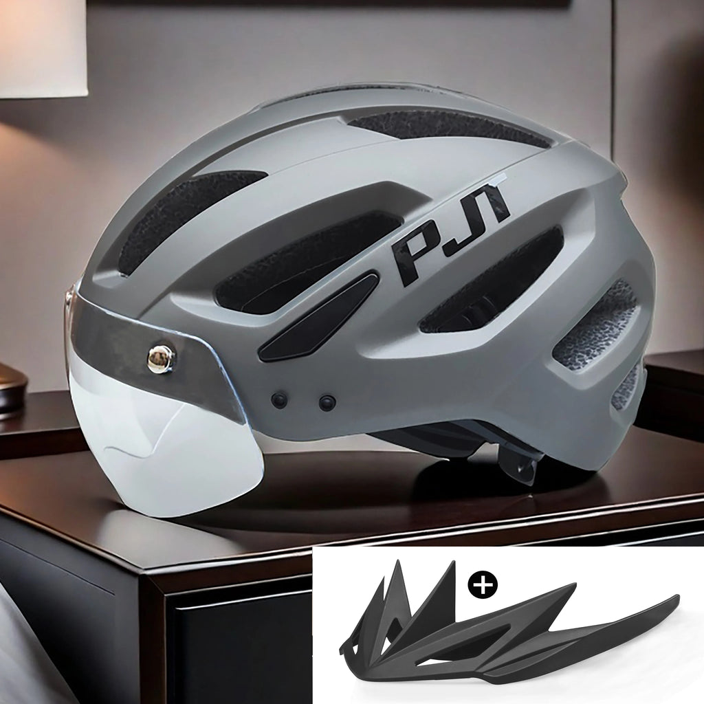 PJT New LED Bike Helmet With Sun Goggle Visor Rechargeable LED Men Bicycle Helmet Sunglasses Shield Road MTB Cycling Helmets