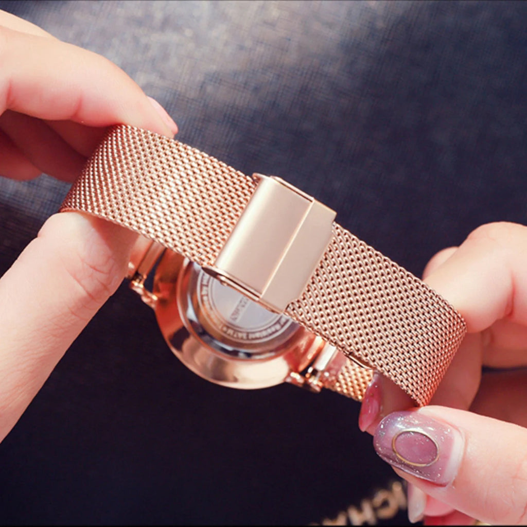 2023 New Women Bracelet Watch 1 Set Japan Quartz Movement Simple Rose Gold Stainless Steel Mesh Student Watches Relogio Feminino