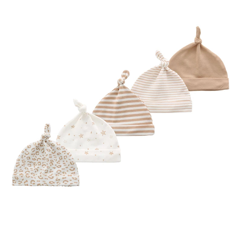 Kiddiezoom Newborn Baby Cotton Beanie Hats 5-Pack, Soft Infant Caps 0-6 Months