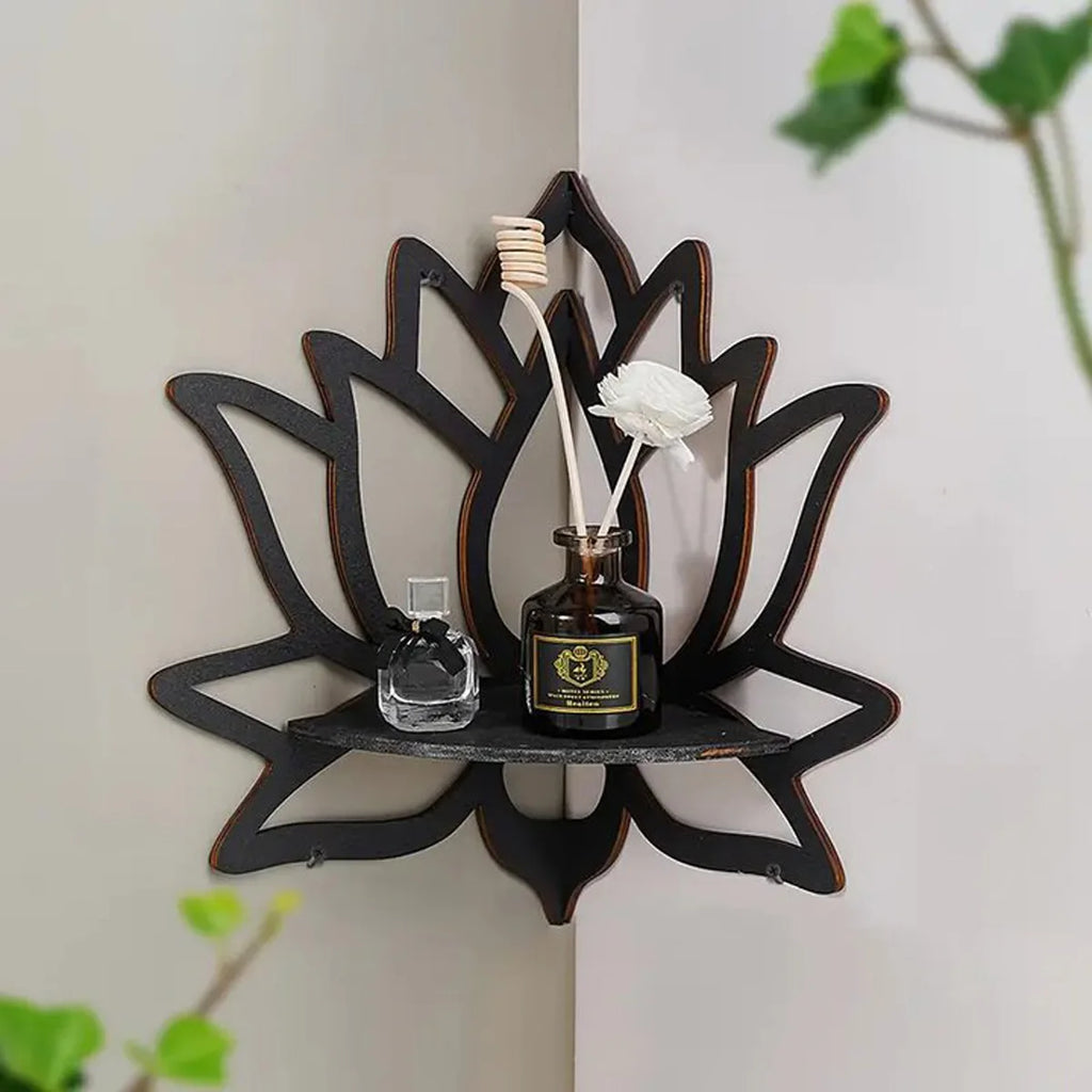 Wooden Lotus Wall Mounted Corner Shelf Rack, Black - Essential Oil Candle Holder